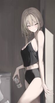 1girl absurdres beer_can black_buruma black_camisole blonde_hair buruma camisole can drink_can hair_between_eyes highres holding holding_can laneigu long_hair looking_at_viewer low_twintails mole mole_on_cheek original solo spaghetti_strap twintails yellow_eyes yuzu_(laneigu)