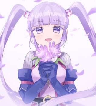 Rule 34 | 1girl, absurdres, blush, bodysuit, commentary, flower, highres, holding, holding flower, long hair, looking at viewer, ma i ika, open mouth, petals, purple eyes, purple flower, purple hair, smile, solo, sophie (tales), tales of (series), tales of graces, twintails, untranslatable commentary, upper body, very long hair, wind