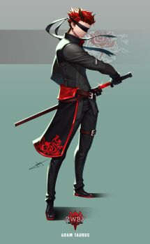 1boy adam_taurus black_footwear black_jacket black_pants blindfold character_name closed_mouth commentary copyright_logo copyright_name english_commentary flower full_body glint highres holding holding_sword holding_weapon horns jacket katana logo male_focus official_art pants red_hair rose rwby sheath short_hair signature solo sword unsheathing uyalago weapon
