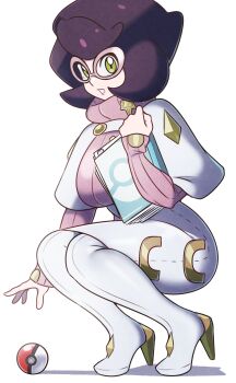 1girl absurdres big_hair boots breasts capelet commentary folder glasses green_eyes high-waist_skirt high_heels highres holding holding_folder jeff_miga large_breasts long_sleeves mature_female medium_skirt nintendo pencil_skirt pink-framed_eyewear pink_sweater poke_ball poke_ball_(basic) pokemon pokemon_sm purple_hair ribbed_sweater short_hair skirt solo squatting sweater thigh_boots turtleneck turtleneck_sweater white_boots white_capelet white_skirt wicke_(pokemon)