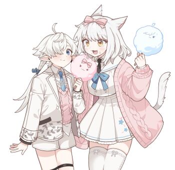 1boy 1girl ahoge alphinaud_leveilleur androgynous animal_ears blue_bow blue_bowtie blue_eyes blue_necktie bow bowtie cable_knit cardigan cat_ears cat_girl cat_tail cotton_candy cowboy_shot elezen elf fang final_fantasy final_fantasy_xiv food food_on_face hair_bow hair_over_one_eye hair_ribbon highres holding holding_cotton_candy holding_food iiinarulil jacket long_hair miqo'te necktie one_eye_covered open_mouth pink_cardigan pointy_ears ribbon school_uniform serafuku shorts simple_background skirt smile standing tail thighhighs warrior_of_light_(ff14) white_background white_hair white_jacket white_shorts white_skirt white_thighhighs yellow_eyes