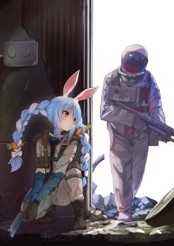 1boy 1girl against_wall alternate_costume animal_ear_fluff animal_ears arc_raiders around_corner blue_hair bodysuit boots braid braided_twintails brown_boots carrot_hair_ornament flight_suit food-themed_hair_ornament full_body gun hair_ornament highres holding holding_gun holding_weapon hololive indoors long_hair looking_at_another looking_to_the_side multicolored_hair orange_eyes rabbit-shaped_pupils rabbit_ears short_eyebrows shoulder_guard sidelocks spacesuit squatting swept_bangs symbol-shaped_pupils taka.yana taking_cover thick_eyebrows trigger_discipline twin_braids twintails two-tone_hair usada_pekora v-shaped_eyebrows virtual_youtuber weapon white_hair