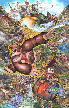 artist_name banana barrel bee brown_fur bug candy_kong chair claws colored_skin cranky_kong crocodilian diddy_kong donkey_kong donkey_kong_(series) donkey_kong_country enguarde expresso fangs food fruit funky_kong furry furry_female furry_male green_skin hat highres insect insect_wings king_k._rool kremling krusha necktie nintendo on_chair open_mouth pirate_ship rambi red_hat red_necktie signature sitting squawks takkun_(takkun_art) wings zinger_(donkey_kong)