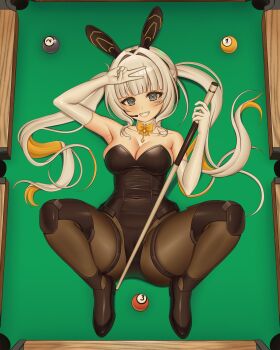 1girl alternate_costume animal_ears black_leotard black_pantyhose black_shoes blonde_hair blue_eyes blush bow bowtie breasts collar collarbone detached_collar dot_nose elbow_gloves eru_nabura eyelashes fake_animal_ears female_focus full_body gloves grey_hair grin hands_up indie_virtual_youtuber knee_pads knees_up large_breasts leotard long_hair looking_at_viewer lying multicolored_hair nagamma on_back pantyhose playboy_bunny pool_table rabbit_ears shoes smile solo spread_legs strapless strapless_leotard table teeth twintails two-tone_hair v virtual_youtuber white_collar white_gloves yellow_bow yellow_bowtie