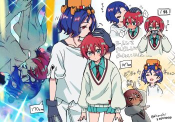 >_< 1boy 1girl amate_yuzuriha aqua_eyes bhachi88888888 blue_hair blush closed_eyes collared_shirt colored_inner_hair face-to-face gloves gundam gundam_gquuuuuux height_difference long_sleeves looking_at_another lower_eyelashes_only multicolored_hair multiple_views necktie nude purple_hair red_eyes red_hair scene_reference school_uniform shirt short_hair shuji_ito skirt smelling smelling_hair smile sparkle sweatdrop sweater two-tone_hair upside-down white_shirt