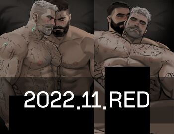 2boys abs bara beard blush body_markings censored chest_hair couple dated david_king_(dead_by_daylight) dead_by_daylight dopey_(dopq) facial_hair full_beard grey_hair hairy hands_on_another&#039;s_waist happy_sex kiss large_pectorals male_focus mature_male multiple_boys muscular muscular_male nipples paid_reward_available pectorals profile sex short_hair sparse_chest_hair split_screen thick_beard thick_eyebrows torogao vittorio_toscano yaoi