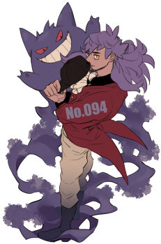 Rule 34 | 1boy, arm up, arms up, black boots, black hat, black shirt, boots, chuu ni, coat, commentary request, dark-skinned male, dark skin, facial hair, floating hair, full body, gen 1 pokemon, gengar, grin, hat, holding, holding unworn clothes, holding unworn hat, leon (pokemon), looking at another, looking at viewer, looking to the side, male focus, nintendo, pants, parted bangs, pokemon, pokemon (creature), pokemon sword and shield, purple hair, red coat, red eyes, shirt, smile, standing, tailcoat, unworn hat, unworn headwear, white background, white pants, yellow eyes