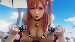 1boy 1girl 3d animal_ears animal_print animated areola_slip bell bikini bikini_top_only bottomless breasts choker cleavage cloud coelacanth cow_print cow_print_bikini cow_print_gloves cow_print_thighhighs cowgirl_position dead_or_alive dead_or_alive_xtreme dead_or_alive_xtreme_venus_vacation elbow_gloves facing_viewer fake_animal_ears fish girl_on_top gloves hanging_breasts hetero highres honoka_(doa) interlocked_fingers lazyprocrastinator long_hair looking_at_viewer medium_breasts outdoors palm_tree penis pink_hair pov pov_hands print_bikini print_gloves print_thighhighs pussy red_eyes sex sky smile sound straddling swimsuit thighhighs tree uncensored vaginal video