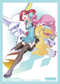 Rule 34 | 1girl, agumon, black bra, black panties, black thighhighs, blue border, blue camisole, blue eyes, border, bra, camisole, card (medium), commentary request, cross-laced clothes, digimon, digimon card game, digimon story: cyber sleuth, evolutionary line, full body, gabumon, garter straps, green eyes, group picture, hood, hooded jacket, horns, jacket, lace, lace panties, lizard, official art, omegamon, open clothes, open jacket, panties, pink jacket, red eyes, red hair, shiramine nokia, sideless outfit, single horn, thighhighs, tonami kanji, twintails, underwear, white background