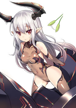 10s 1girl 3: borrowed_character breasts brown_thighhighs cat_teaser closed_mouth collarbone colo_mag-chan colossus_(granblue_fantasy) covered_navel detached_sleeves draph dutch_angle female_focus gradient_hair granblue_fantasy highleg highleg_leotard leotard light_smile long_hair medium_breasts multicolored_hair piloting pointy_ears red_eyes ririko_(zhuoyandesailaer) solo sweatdrop thighhighs thighs wavy_mouth white_hair