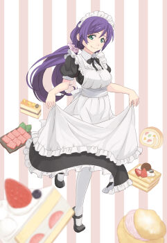 1girl apron aqua_eyes black_dress black_shoes cake commentary_request dress food fruit highres lifting_own_clothes long_hair love_live! love_live!_school_idol_project low_twintails maid maid_apron maid_headdress meat oitsuki_(getsumen_diver) purple_hair shoes smile socks solo strawberry striped_background tojo_nozomi twintails white_apron white_socks