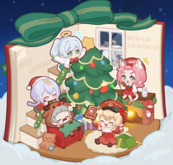 6+girls :3 absurdres animal_costume animal_ears bangs_pinned_back blanket blonde_hair blue_eyes blunt_bangs blush_stickers book bottle bow box braid cat_ears cat_girl cat_tail chair chibi chinese_commentary christmas christmas_lights christmas_ornaments christmas_stocking christmas_tree closed_eyes collared_dress commentary_request cookie diona_(genshin_impact) diorama dress drooling dudu_(user_ukrz7787) english_text fake_facial_hair fake_mustache fire fireplace flying_sweatdrops food food_on_face full_body genshin_impact gift gift_box green_eyes green_hair grey_hair hair_bow halo hat hat_ornament highres holding holding_food holly holly_hat_ornament hood hood_up indoors klee_(genshin_impact) long_hair long_sleeves merry_christmas milk milk_bottle mini_person minigirl multicolored_hair multiple_girls nahida_(genshin_impact) ofuda ofuda_on_head on_chair on_floor open_book open_mouth paimon_(genshin_impact) pleated_skirt pointy_ears purple_hair qiqi_(genshin_impact) reindeer_costume ribbon rug santa_hat sayu_(genshin_impact) skirt sleeping smile snow stairs stuffed_animal stuffed_toy tail teddy_bear teeth thick_eyebrows twintails upper_teeth_only white_hair window wings zzz