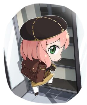 Rule 34 | 1girl, anya (spy x family), backpack, bag, black dress, black hat, chibi, chibi only, chinese commentary, commentary request, dress, eden academy school uniform, from behind, full body, green eyes, haihara yuuya, hat, looking at viewer, looking back, open door, pink hair, randoseru, school uniform, solo, spy x family, stairs