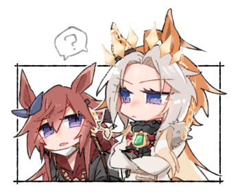 Rule 34 | 2girls, ?, animal ears, beer hsk, brown hair, commentary request, crossed arms, dual persona, ear covers, grey jacket, hair between eyes, hair intakes, horse ears, horse girl, jacket, long hair, looking at another, mask, messy hair, mouth mask, multicolored hair, multiple girls, orange hair, orfevre (control) (umamusume), orfevre (old design) (umamusume), orfevre (umamusume), purple eyes, red sweater, shared speech bubble, single ear cover, speech bubble, spoken question mark, sweater, two-tone hair, umamusume, upper body, white hair, white jacket