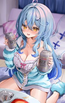1girl :d ahoge beer_can blue_hair blue_jacket blurry blurry_background blush breasts camisole can cleavage commentary_request crossed_bangs double-parted_bangs drink_can frilled_camisole frills fur-trimmed_jacket fur_trim hair_between_eyes hands_up heart heart_ahoge highres holding holding_can hololive incoming_drink indoors jacket large_breasts long_hair looking_at_viewer multicolored_hair official_alternate_costume official_alternate_hairstyle ohagetty on_floor open_mouth partially_unzipped polka_dot_camisole sidelocks sitting slippers smile solo streaked_hair striped_clothes striped_jacket teeth upper_teeth_only very_long_hair virtual_youtuber wariza white_camisole yellow_eyes yukihana_lamy yukihana_lamy_(roomwear)
