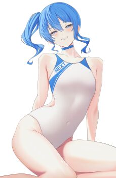 1girl absurdres armpit_crease blue_choker blue_eyes blue_hair choker competition_swimsuit covered_navel grin high_side_ponytail highres hololive hoshimachi_suisei one-piece_swimsuit si_farid side_ponytail simple_background smile solo star_(symbol) star_in_eye swimsuit symbol_in_eye thighs virtual_youtuber white_background white_one-piece_swimsuit