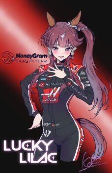 1girl animal_ears black_racing_suit blunt_bangs blush breasts brown_hair ear_covers ear_ornament formula_one haas_(carmaker) hair_between_eyes hair_ornament highres horse_ears horse_girl horse_tail kerotan_(belle_reinedesu) logo long_hair looking_at_viewer lucky_lilac_(umamusume) multicolored_hair open_mouth purple_eyes racing_suit side_ponytail smile solo tail umamusume