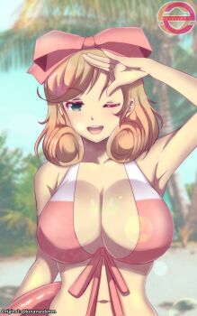 1girl armpits bare_shoulders bikini blue_sky breasts brown_hair cleavage green_eyes hair_ribbon haruka_(senran_kagura) kotavandeven large_breasts medium_hair one_eye_closed palm_tree ribbon seireiart senran_kagura sky swimsuit teeth tree upper_body upper_teeth_only