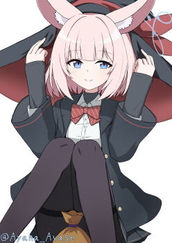 1girl absurdres animal_ear_fluff animal_ears ayana_ayase black_hat black_jacket black_pantyhose blue_archive blue_eyes blue_halo blunt_bangs blush bow bowtie buttons closed_mouth collared_shirt commentary_request cosplay diagonal-striped_bow diagonal-striped_bowtie diagonal-striped_clothes eri_(blue_archive) eri_(blue_archive)_(cosplay) feet_out_of_frame fox_ears fox_girl halo hand_on_headwear hands_up hat hat_ribbon highres jacket knees_together_feet_apart knees_up long_sleeves looking_at_viewer medium_hair niko_(blue_archive) open_clothes open_jacket paid_reward_available pantyhose pink_hair red_bow red_bowtie red_ribbon ribbon shirt simple_background sitting sleeves_past_wrists smile solo split_mouth striped_bow striped_bowtie striped_clothes thighband_pantyhose twitter_username white_background white_shirt wide_sleeves witch_hat