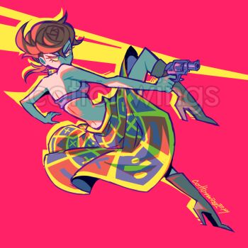 1girl aiming bare_arms bare_shoulders black_skirt blue_eyes boots bra brown_hair choker cottonwings covered_mouth drop_shadow fighting_stance from_behind full_body grey_boots gun handgun high_heel_boots high_heels holding holding_gun holding_weapon jojo_no_kimyou_na_bouken knee_boots looking_ahead low_ponytail medium_skirt outstretched_arm pink_background pink_bra ponytail red_skirt short_hair signature simple_background skirt solo stomach trish_una two-tone_skirt underwear vento_aureo watermark weapon