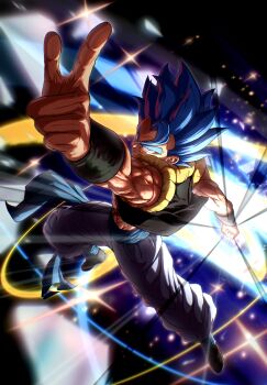 Rule 34 | 1boy, absurdres, black background, black vest, blue eyes, blue hair, blue sash, clenched hand, closed mouth, commentary, cropped vest, dragon ball, dragon ball super, dragon ball super broly, english commentary, full body, gekiroo, glowing, gogeta, highres, male focus, medium hair, metamoran vest, muscular, muscular male, no shirt, outstretched arm, pants, pointing, sash, signature, smile, solo, spiked hair, super saiyan, super saiyan blue, vest, white pants