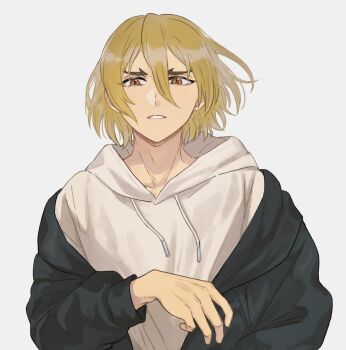 1boy black_jacket blonde_hair brown_eyes dr._stone grey_background hair_between_eyes highres hood hood_down hoodie jacket kani_diggy long_sleeves looking_at_viewer male_focus nanami_ryuusui off_shoulder parted_lips short_hair solo upper_body white_background white_hoodie
