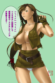 1990s_(style) 1girl belt breasts brown_eyes brown_hair cameltoe cowboy_hat cowboy_shot cowboy_western crisis_core:_final_fantasy_vii earrings female_focus final_fantasy final_fantasy_vii fingerless_gloves fringe_trim fumizuki_misoka gloves green_background hat highres huge_breasts jewelry large_breasts long_hair low-tied_long_hair miniskirt nipple_slip nipples no_bra official_alternate_costume panties pantyshot pencil_skirt ponytail retro_artstyle simple_background skirt solo square_enix text_focus tifa_lockhart tifa_lockhart_(cowgirl) translation_request underwear upskirt vest white_panties