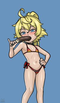 1girl aaaninja antenna_hair artist_logo bikini black_bikini blonde_hair blue_background blue_eyes commission dated eating eyelashes feet_out_of_frame fellatio_gesture female_focus fingernails flag_print flag_print_bikini flat_chest german_flag_bikini hand_on_own_hip hand_up logo loli looking_at_viewer medium_hair multicolored_bikini naughty_face navel oral_invitation ponytail red_bikini side-tie_bikini_bottom simple_background solo standing swimsuit tanya_degurechaff yellow_bikini youjo_senki