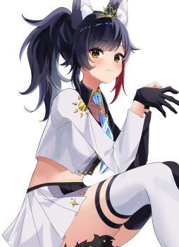 Rule 34 | 1girl, absurdres, animal ear fluff, animal ears, asymmetrical legwear, asymmetrical sleeves, black collar, black gloves, black hair, black shirt, black skirt, black sleeves, black straps, black thighhighs, blue necktie, blush, brown eyes, choumiryou, closed mouth, collar, colored sidelocks, commentary, crop top, crystal print, elbows on knees, feet out of frame, from side, gloves, gold tiara, gold trim, grey shirt, grey skirt, high ponytail, highres, hololive, knees up, layered shirt, long hair, long sleeves, looking at viewer, mismatched legwear, mismatched sleeves, multicolored skirt, necktie, official alternate costume, ookami mio, ookami mio (our sparkle), own hands together, partially fingerless gloves, pleated skirt, ponytail, red hair, shirt, sidelighting, simple background, sitting, skirt, smile, solo, sparkle, split mouth, star (symbol), star pin, sun print, swept bangs, tail, thigh strap, thighhighs, virtual youtuber, white background, white shirt, white skirt, white thighhighs, wolf ears, wolf girl, wolf tail, zettai ryouiki