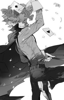 Rule 34 | 1boy, bad id, bad twitter id, cape, card, cinnamon cookie, confetti, cookie run, cookie run: ovenbreak, cowboy shot, greyscale, holding, holding card, holding wand, humanization, inactive account, long sleeves, looking at viewer, magician, male focus, monochrome, nana (ebitokanimiso), one eye closed, painttool sai (medium), pants, playing card, shoes, short hair, simple background, sketch, solo, standing, standing on one leg, suspenders, wand, white background