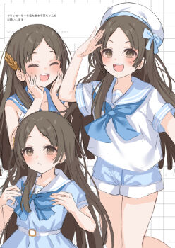1girl blue_dress blue_neckerchief blue_sailor_collar blue_shorts blush brown_eyes brown_hair dress gakuen_idolmaster hair_ornament hat highres idolmaster kuramoto_beta-carotene kuramoto_china leaf_hair_ornament long_hair multiple_views neckerchief odaibako open_mouth request_inset sailor_collar sailor_dress sailor_hat sailor_shirt salute shirt short_shorts short_sleeves shorts sleeveless smile teeth upper_teeth_only white_hat white_sailor_collar white_shirt