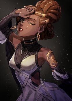 1girl absurdres arcane:_league_of_legends arm_up armor armpits bare_shoulders black_background brown_hair clothing_cutout commentary_request dark-skinned_female dark_skin dated_commentary detached_sleeves dreadlocks dress earrings from_side glitter_makeup gold_armor gold_earrings green_eyes hair_ornament hair_up hand_over_eye highres hip_vent jewelry league_of_legends light_particles long_sleeves looking_up mel_(league_of_legends) mixed-language_commentary one_eye_closed parted_lips red_lips shade shoulder_plates sleeveless sleeveless_dress solo standing teiminfinity upper_body very_dark_skin