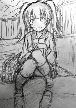 Rule 34 | 1girl, black hat, black jacket, black skirt, blue eyes, brown hair, garrison cap, girls und panzer, girls und panzer phase erika, graphite (medium), grey shirt, hair tie, hat, highres, jacket, kuromorimine military uniform, kuromorimine school uniform, long hair, meiya, miniskirt, orange hair, red skirt, rou leila, school uniform, shirt, skirt, traditional media, twintails