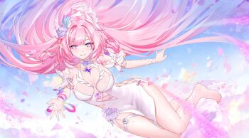 1girl absurdres alternate_costume barefoot blhazx breasts cleavage commentary_request cyrene_(honkai:_star_rail) cyrene_(ripples_of_past_reverie)_(honkai:_star_rail) dress earrings feet floating_hair flower hair_flower hair_ornament highres honkai:_star_rail honkai_(series) jewelry large_breasts long_hair looking_at_viewer offering_hand parted_lips pink_hair pointy_ears purple_eyes purple_flower purple_rose revision rose sidelocks smile solo thighs toes very_long_hair white_dress