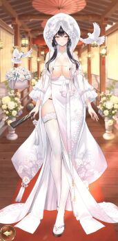 1girl animated animated_gif ass_shake bird black_hair black_panties bouncing_breasts breast_curtains breasts bridal_veil dress earrings gameplay heart_pasties japanese_clothes jewelry kimono large_breasts long_hair nipple_pasties panties panty_peek pasties shoujo_kaisen solo sousou_moutoku_(shoujo_kaisen) thighhighs underwear undressing veil walking white_kimono yellow_eyes