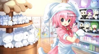 1girl 2000s_(style) animal_hands bisuke-tan cat_girl cat_tail character_doll commentary commission doll dress english_commentary english_text futaba_channel gashapon gloves hat highres indoors jelly_(bonnybel) kfc mayura me-tan moe-chan_(moechannel) moechannel netrunmon nijiura_maids official_art os-tan paw_gloves pawpads pink_dress pink_hair rilakkuma san-x shop short_hair smile solo stuffed_animal stuffed_cat stuffed_toy tail teddy_bear ukagaka watermark waving white_gloves white_hat wooden_floor yakui