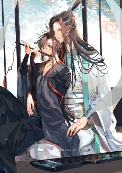 Rule 34 | 2boys, ahoge, amana raika, bishounen, black hair, black hanfu, brown hair, chenqing flute, chinese clothes, closed mouth, commentary request, couple, curtains, dizi, earrings, flute, flute tassel, grey eyes, guqin, hair ribbon, hanfu, headband, highres, holding, holding flute, holding instrument, hug, hug from behind, indoors, instrument, jewelry, knee up, lan wangji, leaf, light particles, long hair, long sleeves, looking at another, looking at viewer, male focus, modao zushi, multiple boys, music, playing flute, playing instrument, ponytail, profile, red ribbon, ribbon, robe, sash, sidelocks, sitting, sitting on lap, sitting on person, smile, sparkle, tassel, topknot, transverse flute, twitter username, wangji guqin, wei wuxian, white hanfu, white headband, wide sleeves, window, xiao guan (headdress), yaoi, yellow eyes