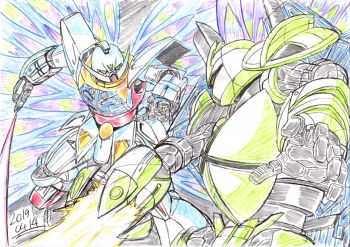 battle colored_pencil_(medium) dated dated_commentary energy_sword gundam holding holding_sword holding_weapon irikodashig mecha mecha_focus mobile_suit moonlight_butterfly_(gundam) no_humans open_hand robot science_fiction sword traditional_media turn_a_gundam turn_a_gundam_(mobile_suit) turn_x weapon yellow_eyes