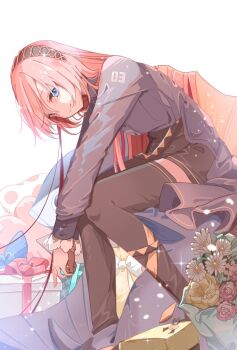 1girl black_skirt black_thighhighs blue_eyes bouquet box closed_mouth commentary flower gift gift_box highres long_hair long_sleeves looking_at_viewer megurine_luka pink_hair shirt sitting skirt smile solo thighhighs vocaloid wanaxtuco white_background