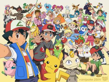 6+boys 6+girls absolutely_everyone alolan_form alolan_marowak alolan_vulpix angry ash_ketchum ash_ketchum_(cosplay) backwards_hat bewear bewear_(cosplay) bonnie_(pokemon) brock_(pokemon) character_doll chloe_(pokemon) cilan_(pokemon) clemont_(pokemon) closed_eyes closed_mouth clothed_pokemon cosplay croagunk dark-skinned_female dark_skin dawn_(pokemon) dedenne doll eevee emolga everyone gen_1_pokemon gen_2_pokemon gen_3_pokemon gen_4_pokemon gen_5_pokemon gen_6_pokemon gen_7_pokemon gen_8_pokemon goh_(pokemon) grookey hair_ornament hair_ribbon happy hat highres holding holding_unworn_clothes holding_unworn_hat iris_(pokemon) james_(pokemon) jessie_(pokemon) jigglypuff ketchup ketchup_bottle kiawe_(pokemon) lana_(pokemon) lillie_(pokemon) looking_at_viewer lukas_thadeu mallow_(pokemon) marill max_(pokemon) may_(pokemon) meowth misty_(pokemon) morpeko morpeko_(full) multiple_boys multiple_girls nintendo one_eye_closed open_mouth pancham pansage pen pikachu piplup poke_ball pokemon pokemon_(anime) pokemon_(classic_anime) pokemon_(creature) pokemon_bw_(anime) pokemon_dppt_(anime) pokemon_journeys pokemon_rse_(anime) pokemon_sm_(anime) pokemon_xy_(anime) psyduck ribbon rotom rotom_dex round_eyewear serena_(pokemon) skitty smile sophocles_(pokemon) sunglasses togedemaru tracey_sketchit tsareena tyrantrum tyrantrum_(cosplay) unworn_hat unworn_headwear wobbuffet yellow_background