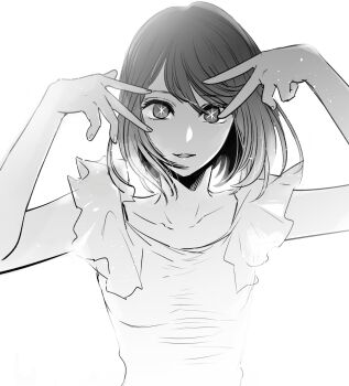 Rule 34 | 1girl, double v, dress, highres, kurokawa akane, monochrome, oshi no ko, short hair, solo, star-shaped pupils, star (symbol), symbol-shaped pupils, tagme, upper body, v, yokoyari mengo