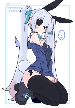 animal_ears black_corset black_leotard black_thighhighs blue_cardigan blush cardigan colored_tips corset covered_navel crossdressing crossdressing_(mtf) detached_collar earclip eyepatch fake_animal_ears fake_tail flipped_hair grey_tail highres leotard long_hair looking_at_viewer male_focus male_playboy_bunny multicolored_hair narrowed_eyes nervous_sweating no_nose one_eye_covered op_na_yarou open_cardigan open_clothes original playboy_bunny quad_tails rabbit_boy rabbit_ears rabbit_tail raised_inner_eyebrows rigel_(op_na_yarou) solo strapless strapless_leotard sweat sweatdrop tail thighhighs trap