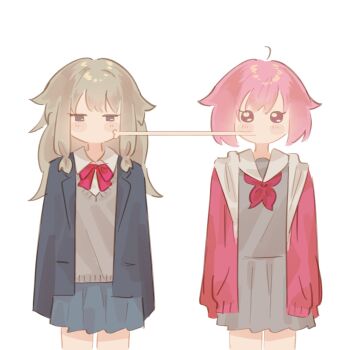 2girls ahoge blonde_hair blush blush_stickers bow bowtie cowboy_shot green_hair grey_sweater highres jacket kusanagi_nene long_sleeves multiple_girls no_mouth o3o ootori_emu pink_eyes pink_hair pleading_eyes project_sekai school_uniform shirt short_hair sidelocks simple_background straight-on sweater white_background zzzzhsi