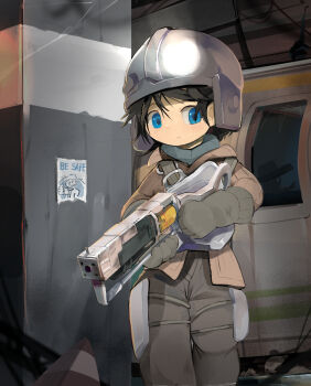1boy black_hair blue_eyes brown_jacket child closed_mouth commentary english_commentary english_text fallout fallout_4 frown gloves grey_gloves grey_helmet grey_pants gun helmet highres holding holding_gun holding_weapon jacket male_focus pants short_hair skeleton subway traffic_cone weapon weapon_request yupa_(notebook14)