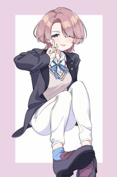 Rule 34 | 1girl, arimura mao, black jacket, blue ribbon, blush, brown vest, collared shirt, commentary request, dress shirt, ezo egg, gakuen idolmaster, highres, idolmaster, invisible chair, jacket, looking at viewer, neck ribbon, one eye closed, open mouth, pants, pink background, pink hair, purple eyes, purple shoes, ribbon, shirt, shoes, short hair, simple background, sitting, smile, solo, two-tone background, v, vest, white background, white pants, white shirt