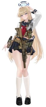 1girl absurdres ammunition_pouch assault_rifle blonde_hair blue_archive blue_eyes blush fte_(fifteen_199) glock gun h&amp;k_hk416 halo handgun highres loafers long_hair looking_at_viewer midriff_peek military neckerchief open_mouth pleated_skirt pouch red_neckerchief rifle sailor_collar shirt shoes skindentation skirt socks solo standing thigh_gap toki_(blue_archive) very_long_hair walkie-talkie weapon weapon_request white_background white_shirt white_socks