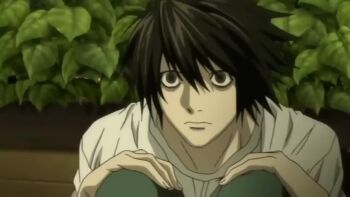 2boys animated anime_screenshot audible_speech awkward black_hair book brown_hair death_note drinking english_audio l_(death_note) multiple_boys note police puzzle reading sound table tagme talking tea thinking video yagami_light