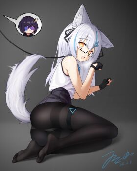 2girls @_@ absurdres animal_ear_fluff animal_ears bare_arms bare_shoulders black-framed_eyewear black_gloves black_pantyhose black_ribbon black_skirt blue_bow blue_hair bow bowtie chinese_commentary closed_mouth collar commentary_request dated dog_ears dog_girl dog_tail facial_tattoo feet fingerless_gloves full_body gloves green_eyes grey_background hair_ornament hair_ribbon highres jerry_wang leash legs long_hair motion_blur multicolored_hair multiple_girls no_shoes open_mouth original pantyhose paw_pose pleated_skirt purple-tinted_eyewear purple_hair ribbon semi-rimless_eyewear shirt short_hair signature sitting skindentation skirt sleeveless sleeveless_shirt soles sparkle speech_bubble streaked_hair sunglasses tail tail_wagging tattoo thigh_strap thighs tinted_eyewear toes white_hair white_tail