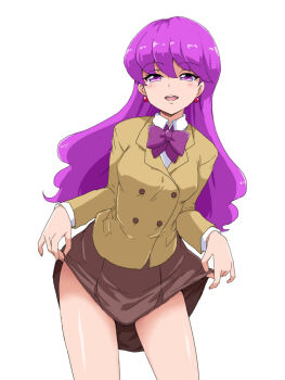 1girl bow bowtie breasts brown_jacket brown_skirt buttons collared_shirt commentary cowboy_shot double-breasted earrings half-closed_eyes ichigo_field_high_school_uniform jacket jewelry kirakira_precure_a_la_mode kotozume_yukari leaning_forward long_hair looking_at_viewer medium_breasts miniskirt open_mouth precure purple_bow purple_bowtie purple_eyes purple_hair school_uniform shirt simple_background skirt skirt_hold smile solo standing teeth thighs upper_teeth_only uraki white_background white_shirt