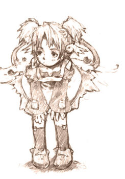 1girl apron archived_source bad_link brown_theme creature detached_sleeves dress ear_wings half_updo hands_on_own_thighs jang_sun-yeong kneehighs leaning_forward legs_apart long_sleeves monochrome original pigeon-toed shoes short_dress short_hair short_twintails sidelocks simple_background socks solo_focus straight_hair twintails white_background wide_sleeves